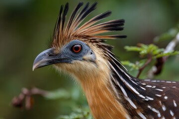 Vibrant hoatzin bird in lush greenery highlighting exotic wildlife and nature's beauty.