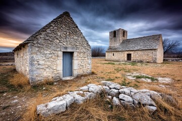 Two stone buildings stand under a dramatic sky, surrounded by dry grass, depicting a rustic and historical setting.