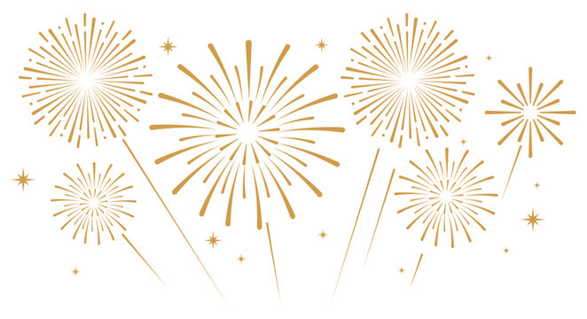 Elegant gold fireworks burst and sparkling stars on clean white background, festive celebration illustration for New Year, holiday party, greeting card, luxury event design, minimalist style vector.