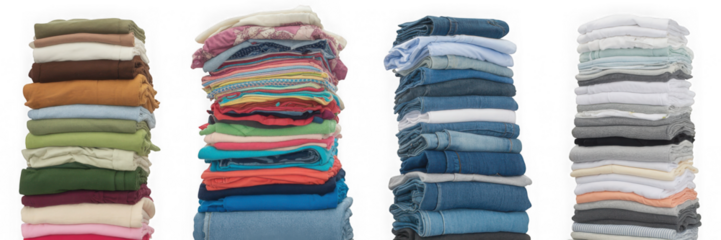 Stacks of folded clothes in various colors and textures isolated on transparent background