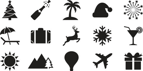 Holiday icon set, travel celebration vacation and seasonal symbols, flat black vector illustration isolated on white background