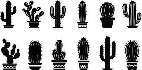 Set of black vector silhouettes of various cactus and succulent plants in pots isolated on white background for decoration. © Asha Moni