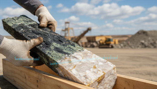 Gold mining core sample rock mineral geology outdoor site extraction survey hand glove industrial tool truck excavator background