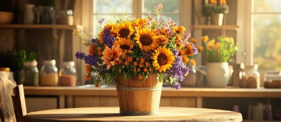 Autumnal flower arrangement in wooden bucket on kitchen table.