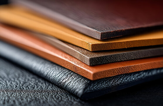 Close-up of various leather sheets showcasing different textures and colors, perfect for crafting or upholstery projects.