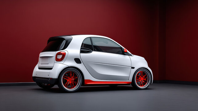 A compact white car with sporty red accents sits parked against a rich burgundy backdrop in a studio setting, ready to capture the viewer's eye with style.