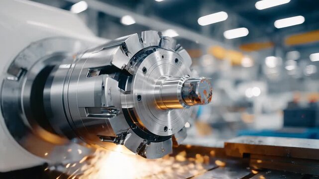 395Close-up of a precision lathe chuck firmly gripping a metal workpiece, intricate machining surfaces visible, sharp details of jaws and tool interface, industrial workshop lighting