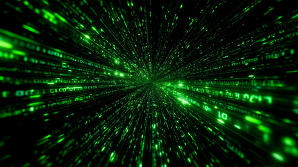 Obraz premium 高速で移動する緑色の光のラインとデータコードが輝くサイバーな背景