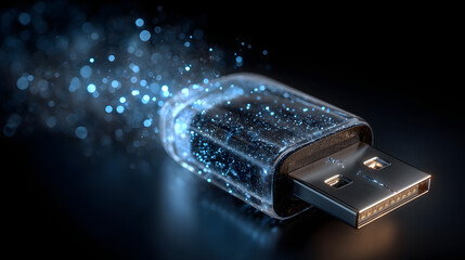 USB connector emitting glowing blue light particles, symbolizing high-speed data transfer and digital connectivity in modern technology.