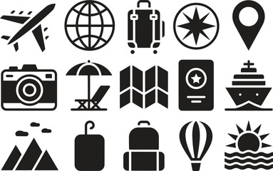 Travel navigation icon set, tourism location and transport symbols, flat black vector illustration isolated on white background