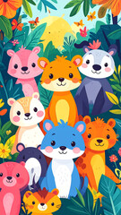 Naklejka premium Cute Colorful Cartoon Jungle Animals Illustration for Kids