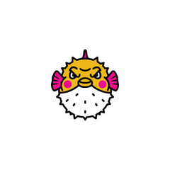 Cartoon Pufferfish Character with Pink Cheeks and Purple Fins.