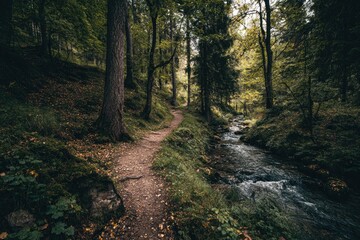 Obraz premium A winding dirt path meanders through a dense forest alongside a flowing stream, with trees creating a green canopy