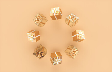 Christmas gift boxes circle frame on gold background with copy space. 3d rendering