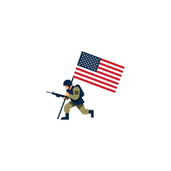 American flag carrying soldier kneeling with rifle.