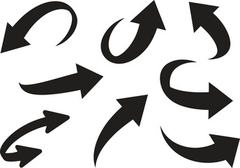 Dynamic arrow icon set, curved motion and navigation symbols, flat black vector illustration isolated on white background