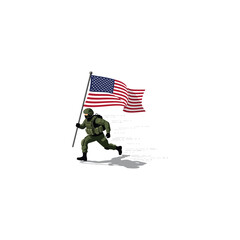 American Soldier Carrying Flag While Running.