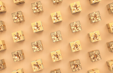 Christmas gift box pattern on gold background. 3d rendering