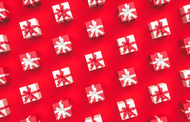 Christmas gift box pattern on red background. 3d rendering