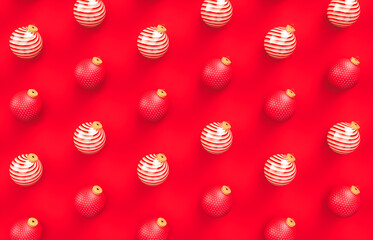 Christmas balls pattern on red background. 3d rendering