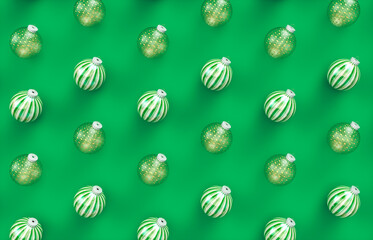 Christmas balls pattern on green background. 3d rendering