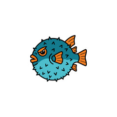 Blue Spiky Pufferfish Cartoon Illustration Cute.