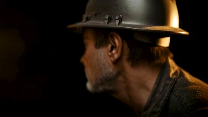 Experienced industrial worker wearing a safety helmet in low light conditions highlighting concentration responsibility and skilled labor in heavy industry