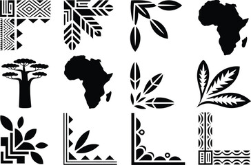 African decorative icon set, tribal patterns and cultural ornaments, flat black vector illustration isolated on white background