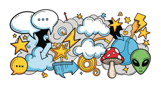 Vibrant and chaotic doodle collage featuring a mix of cartoon elements like an alien head, clouds, stars, lightning bolts, and speech bubbles.