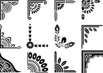 Ornamental floral frame icon set, decorative vintage borders, flat black vector illustration isolated on white background