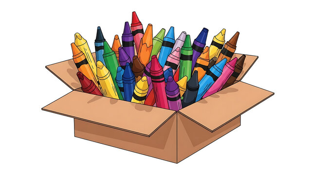 A cardboard box filled with colorful crayons on transparent background