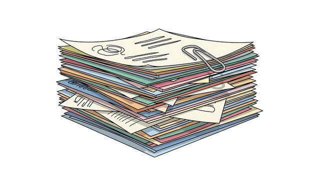 A stack of colorful papers and envelopes with a paperclip on top on transparent background
