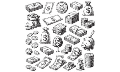 Money Icons Set Cash Dollar Bills Coins Piggy Bank Finance Vector Illustration