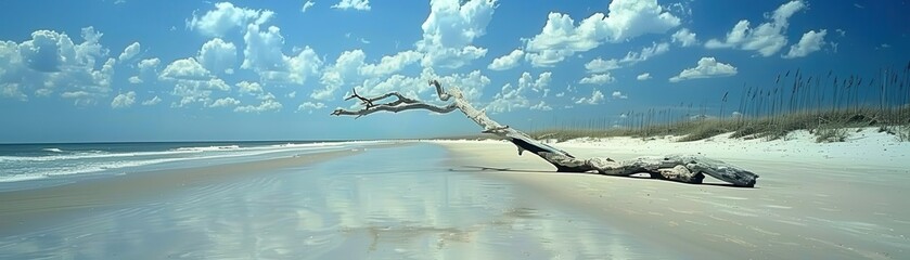 A serene beach scene with gentle waves, a fallen tree, soft sand, and bright blue skies adorned with fluffy clouds.