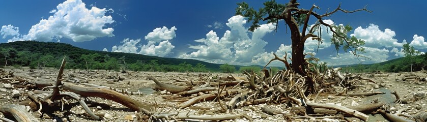 A desolate landscape features a lone, leafless tree amidst cracked earth and fallen logs under a vast sky, highlighting environmental degradation and drought.