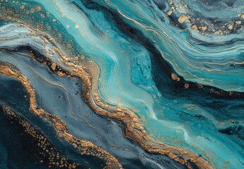 Abstract fluid art with swirling teal and navy hues and interspersed with gold accents, creating an elegant marbled look