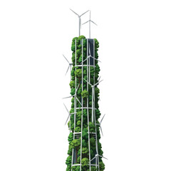 Ecofriendly skyscraper with vertical garden and wind turbines