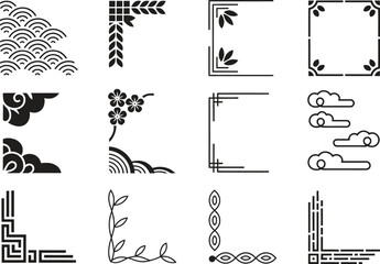 Floral paisley corner icon set, decorative ethnic borders and ornaments, flat black vector illustration isolated on white background