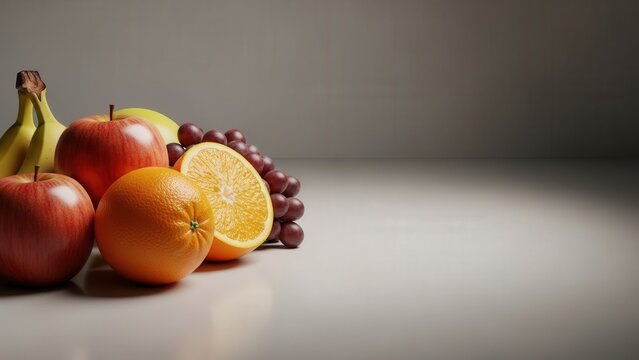fresh assortment of fruits including apples oranges bananas grapes and a sliced kiwi on a neutral background - Powered by Adobe