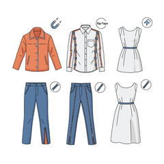 Sewing patterns for jacket, shirt, trousers, and dress