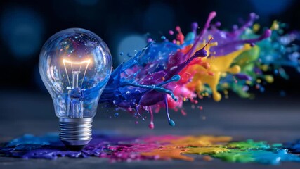 Close-up of a glowing lightbulb with vibrant splashes of rainbow paint bursting outward, visual metaphor for creative thinking, idea generation, and inventive solutions - Powered by Adobe