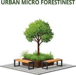 Urban micro forest nest concept with tree and benches