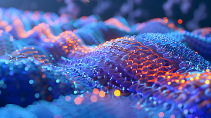 Glowing 3D illustration of a cell membrane with luminous lipid bilayer and proteins in detail views.