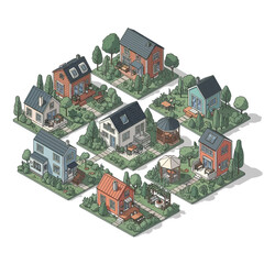 Isometric illustration of various colorful suburban houses and gardens
