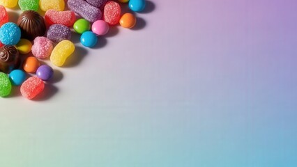 Obraz premium Pile of assorted colorful candies including gummy bears jelly beans and chocolate pieces scattered on pastel surface