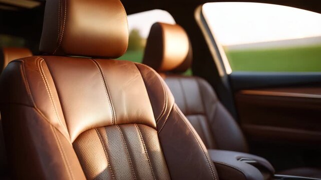 Close-up isolation of premium brown leather upholstery in an expensive executive vehicle, highlighting the grain, softness, and impeccable finishing touches