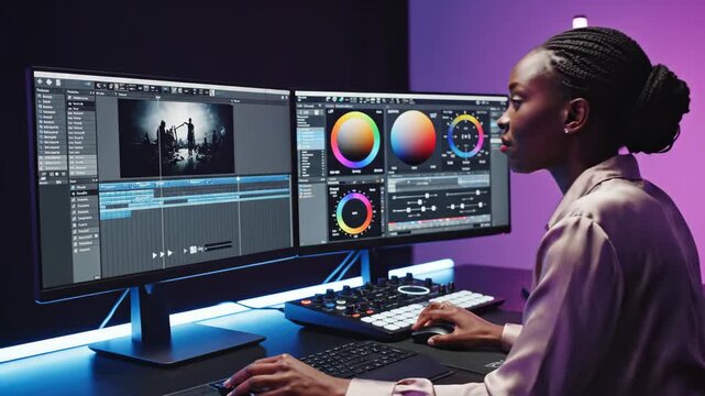 Professional black woman working on video editing and color grading. Female editor using professional software on a dual monitor computer in a dark studio. Post-production and content creation concept