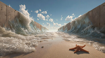 Starfish resting on sandy beach with crashing waves and concrete barriers, under a bright sky filled with fluffy clouds, creating a serene coastal atmosphere