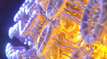 Glowing 3D illustration of a cell membrane with luminous lipid bilayer and proteins in detail views.