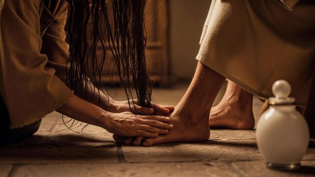 AI genereted video of Anointing of Jesus by a  sinful woman, biblical scene of washing His feet with tears and wiping them with her hair, Luke 7